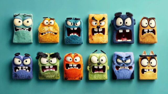Funny colorful square monster characters with expressive angry faces shout, swear and grimace. Shown as playful 3D cartoon illustrations on a teal background.