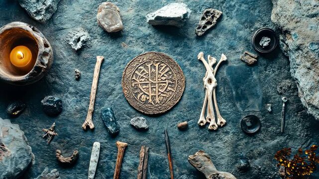 Ancient ritual arrangement with candles, bones, and stone artifacts on rustic surface