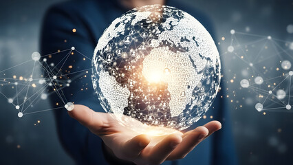 A person holding a glowing globe with interconnected networks in a futuristic environment