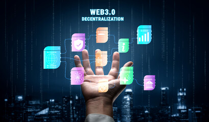 The Web 3.0 decentralization technology ecosystem. A flowchart of interconnected concepts like AI, blockchain, security, and decentralized finance. Motif