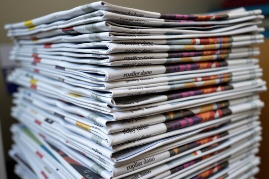 Neatly folded newspapers stacked high, ready for distribution or recycling, pile, newspapers, detail
