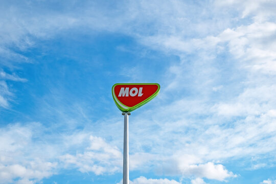 Sibiu, Romania - January 08, 2025 logo and signage for MOL Group, an integrated, international oil and gas company