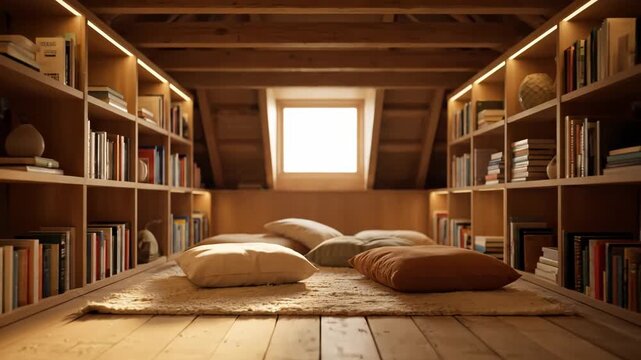 Cozy attic library transforms with shelves and soft cushions. Natural light streams through the window, creating a warm atmosphere.