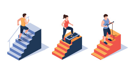 Isometric fitness steps: people exercising on stairs with various gym equipment