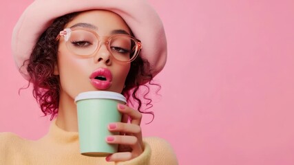 Young woman enjoys beverage in chic pink beret and stylish glasses on pink background