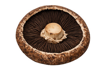Portobello mushroom showing underside gills, brown cap, and stem, ready for cooking with a transparent background