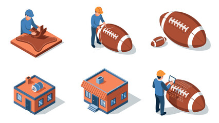 Isometric manufacturing process of american footballs and equipment assembly
