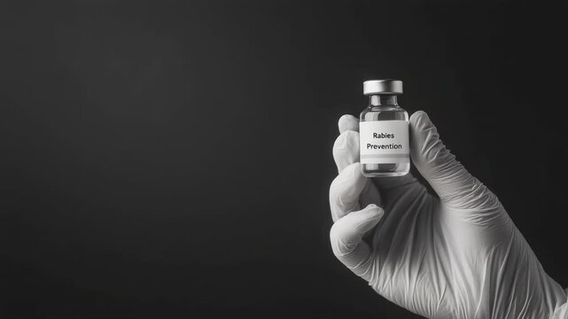 Gloved hand presenting vaccine vial against dark background in dramatic lighting