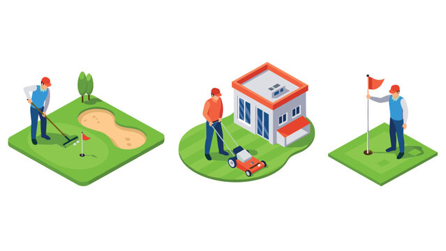 Isometric golf course maintenance: lawn mowing and flag setting on greens