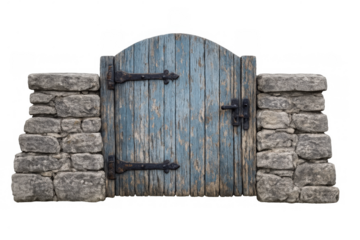 Weathered blue wooden door in stone wall with rustic metal hinges and handle, isolated on transparent background