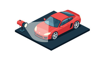 Naklejka premium Isometric red sports car under spotlight on display platform