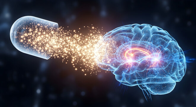 Pill releasing particles into human brain, representing cognitive enhancement and mental health.