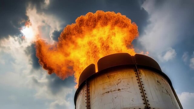 Industrial flare stack with large flames burning. Emitting gas and smoke against a cloudy sky. Energy production and environmental pollution concept