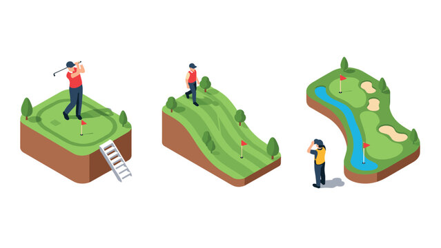 Isometric golf course with players and flags in 3d design