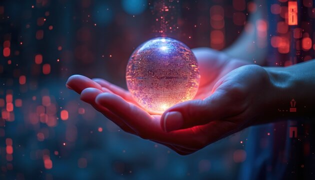 Human hand holds glowing digital sphere with data stream. Abstract futuristic concept of artificial intelligence and machine learning, data processing and network connection. - Powered by Adobe