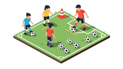 Isometric kids playing soccer on mini field with cones and balls