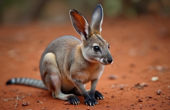 Small marsupial with large ears sits on dry red earth. Critter looks alertly to the side. Animal is a bilby native to Australia. Wildlife photo.