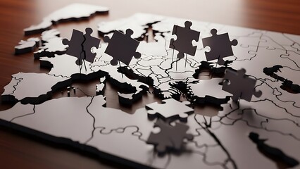 Europe Map Puzzle Pieces Scattered and Assembled on Wooden Table