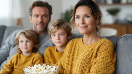 Obraz premium Cozy family movie night at home with popcorn in the living room