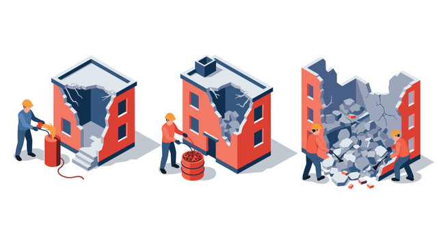 Isometric building demolition with workers and explosives in three stages
