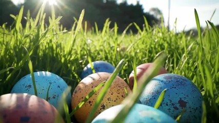 Colorful speckled easter eggs are slowly revealed in bright green grass during a sunny spring day hunt.