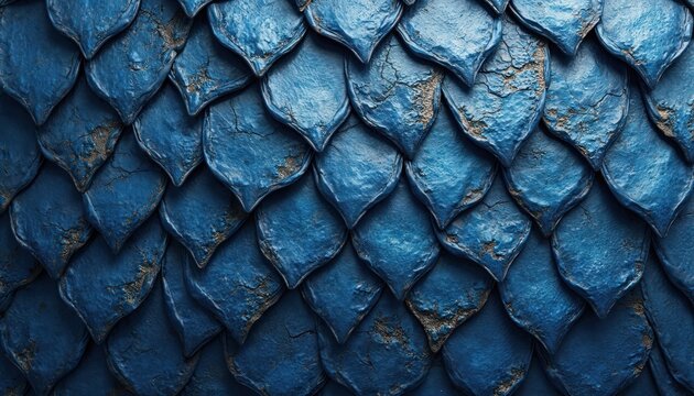 Close up view of layered blue dragon scales. Texture has rough cracks and golden dust detail. Reptile skin pattern repeats. Fantasy creature hide background.