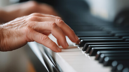 Obraz premium Elegant fingers gliding across piano keys in a serene musical moment