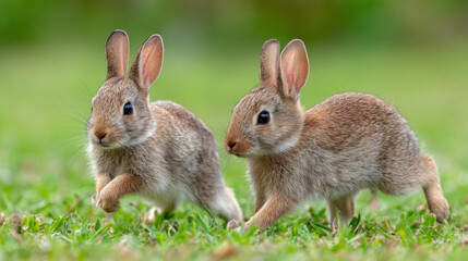 Fototapeta premium Playful rabbits frolicking in a lush meadow - nature and wildlife scene