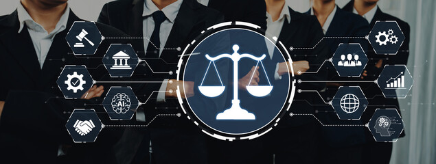 This image showcases the intersection of law and technology featuring professionals in business...