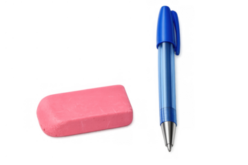 Blue ballpoint pen standing beside a pink rubber eraser, essential writing and correcting tools for education, office, and school stationery