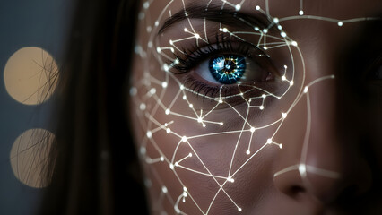 Futuristic close-up of a human eye with digital connections and nodes