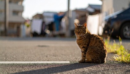 Obraz premium 昼下がりの東京の住宅街。駐車場の隅で日向ぼっこをする猫。背景にはマンションと電柱、洗濯物が揺れている。穏やかで生活感のある風景