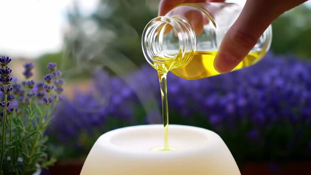 Hand pouring bright essential oil from a bottle into a humidifier or aroma diffuser against a background of blooming lavender flowers.