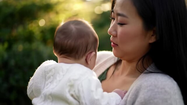 A mother in a cardigan gently interacts with her baby in a white knitted outfit outdoors in a sun-dappled garden during golden hour, with creamy bokeh. Slow dolly push-in to close-up, soft, warm