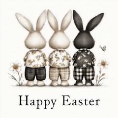 Cute Easter card illustration with three dressed rabbits and flowers on neutral background cozy mood