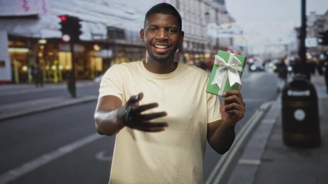 Man holding green gift box with white bow, smiling and reaching out left hand while standing on a busy city street offering a present; generosity welcome.