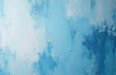 Fototapeta premium Abstract painting texture with mixed blue, white acrylic paint. Light brush strokes create subtle, watery effect with scattered white plaster elements. Calming background copy space for design.
