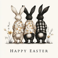 Cute Easter card illustration with three dressed rabbits and flowers on neutral background cozy mood