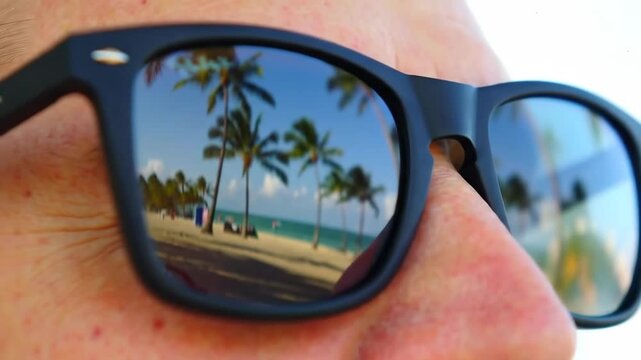 Tropical beach reflection is seen clearly in mirrored sunglasses worn by a person on a sunny vacation day
