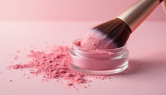 Makeup brush dips into loose pink powder in glass jar. Scattered cosmetic powder on light pastel surface. Beauty product for face color and skin finishing.