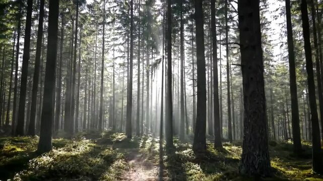Tracking shot moving slowly along a dirt path through a deep, misty pine forest with bright sunbeams breaking through the canopy.
