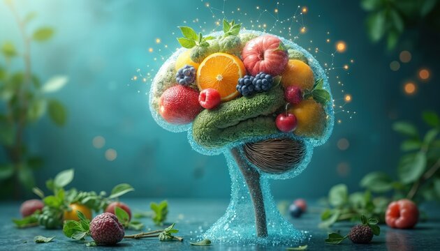 Human brain formed by fresh fruits, vegetables. Digital network connects food items showing cognitive health, brain function. Healthy diet supports mental clarity, memory recall. Nutrition promotes