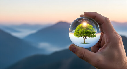 Hand holding a crystal ball with a vibrant green tree inside, set against a serene mountain landscape at sunrise.