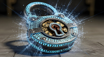 Digital Security Lock with Glowing Data Streams and Intricate Mechanisms.
