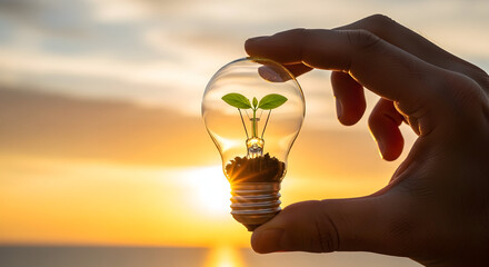 Hand holding a light bulb with a growing plant inside against a sunset background, symbolizing green energy and environmental conservation.