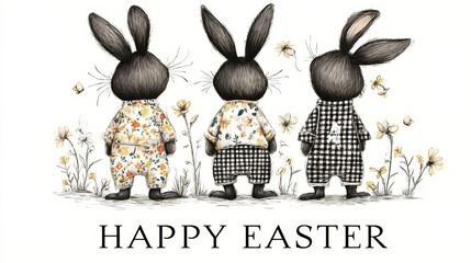 Cute Easter card illustration with three dressed rabbits and flowers on neutral background cozy mood