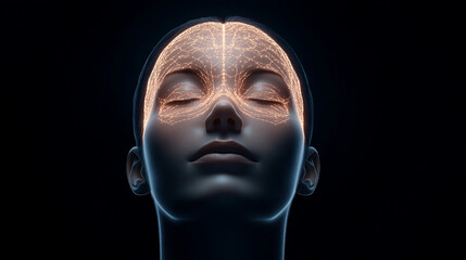 Glowing neural pathways on a human face against a dark background. Futuristic, sci-fi concept, technology and AI theme, digital illustration, neural network visualization, abstract human mind.
