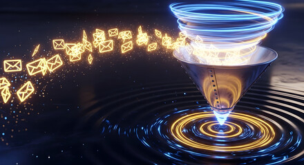 Abstract digital funnel processing email messages with glowing light effects.
