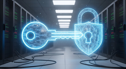Digital Key and Lock in Server Room Representing Cybersecurity and Data Protection.
