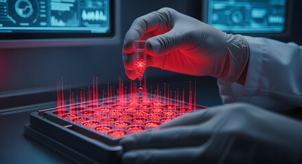 Scientist working in a futuristic laboratory with glowing red samples.